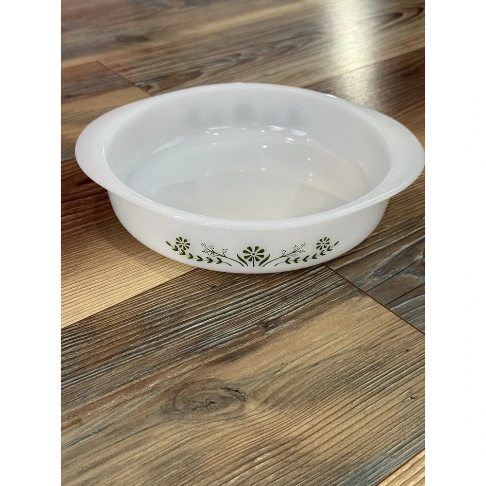 Glasbake white green flowers Casserole Dish J-2429  8 inch.  No lid.  Vintage